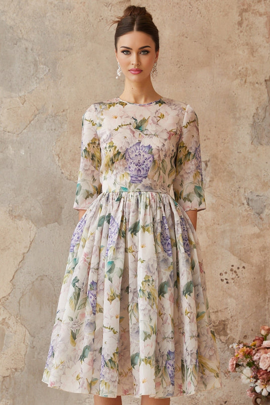 Marta Midi Dress in Neutrals floral print shirred effect flounce hem cinched waist half sleeves rear zip fastening