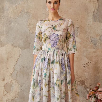 Marta Midi Dress Neutrals Floral Print Shirred Effect Flounce Hem Cinched Waist Half Sleeves Rear Zip Fastening
