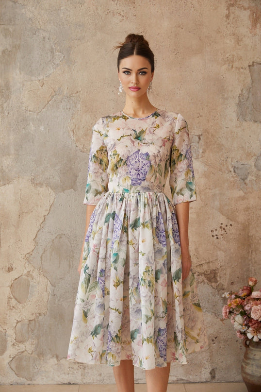 Marta Midi Dress Neutrals Floral Print Shirred Effect Flounce Hem Cinched Waist Half Sleeves Rear Zip Fastening