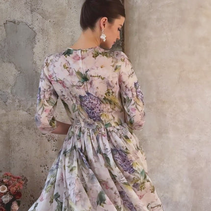 Marta Neutrals Floral Midi Dress with Shirred Effect and Flounce Hem