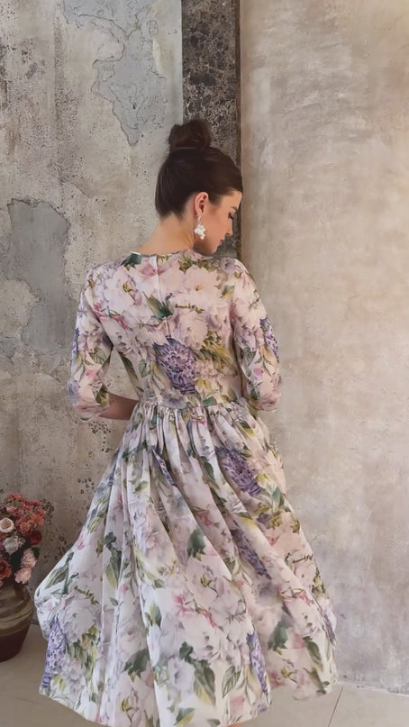 Marta Neutrals Floral Midi Dress with Shirred Effect and Flounce Hem