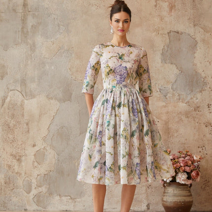 Marta Neutrals Floral Midi Dress with Shirred Effect and Flounce Hem