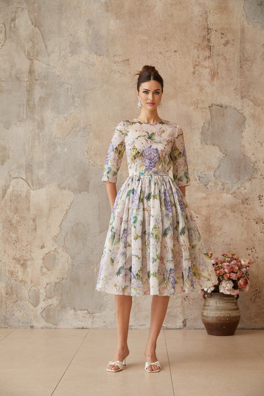 Marta Neutrals Floral Midi Dress with Shirred Effect and Flounce Hem