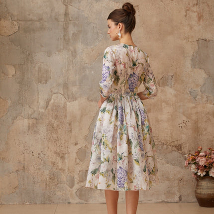 Marta Neutrals Floral Print Midi Dress with Shirred Effect and Flounce Hem