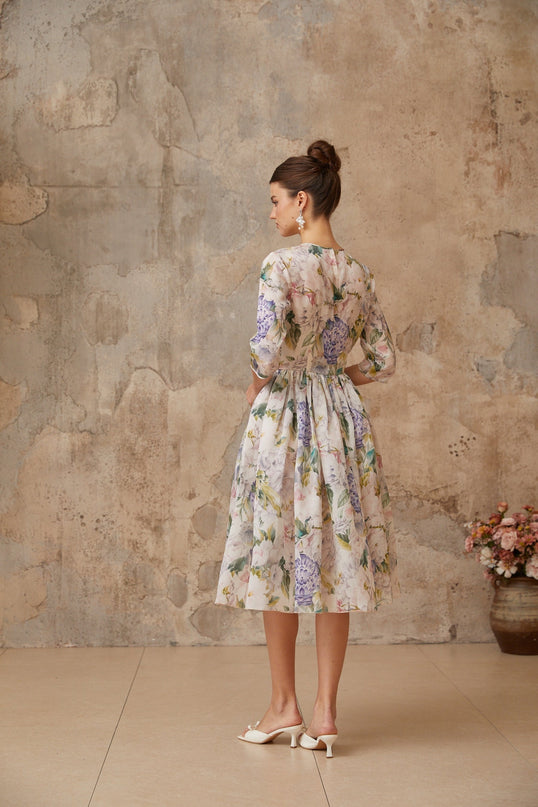 Marta Neutrals Floral Print Midi Dress with Shirred Effect and Flounce Hem