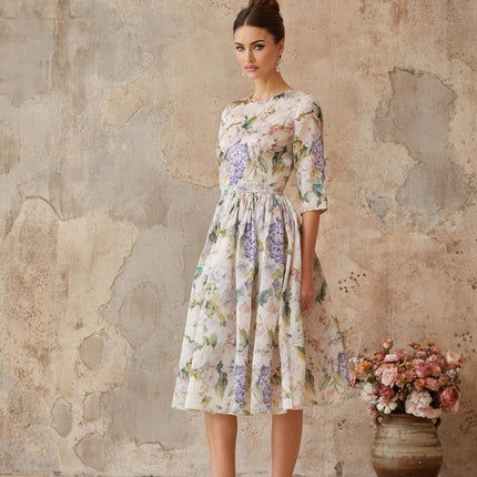 Marta Neutrals Floral Print Midi Dress with Shirred Effect and Flounce Hem