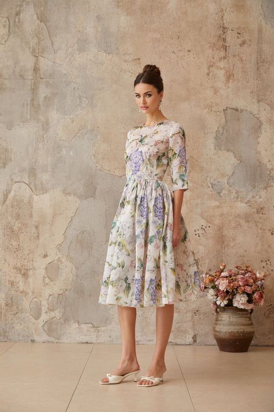 Marta Neutrals Floral Print Midi Dress with Shirred Effect and Flounce Hem