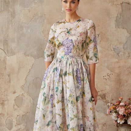 Marta Neutrals Floral Print Midi Dress with Shirred Effect and Flounce Hem