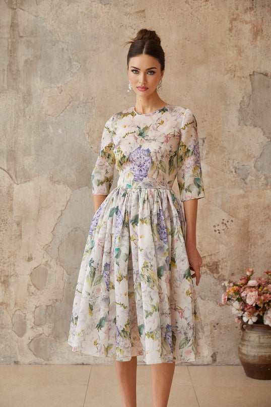 Marta Neutrals Floral Print Midi Dress with Shirred Effect and Flounce Hem