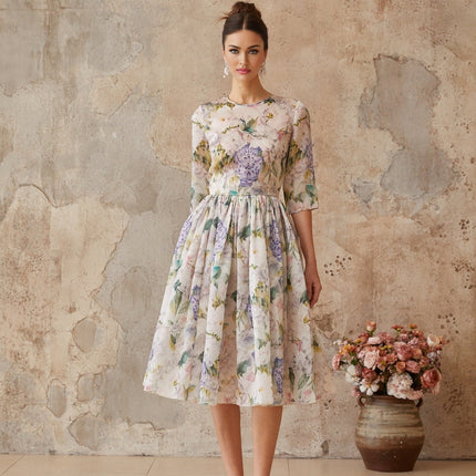 Marta Neutrals Floral Print Midi Dress with Shirred Effect and Flounce Hem