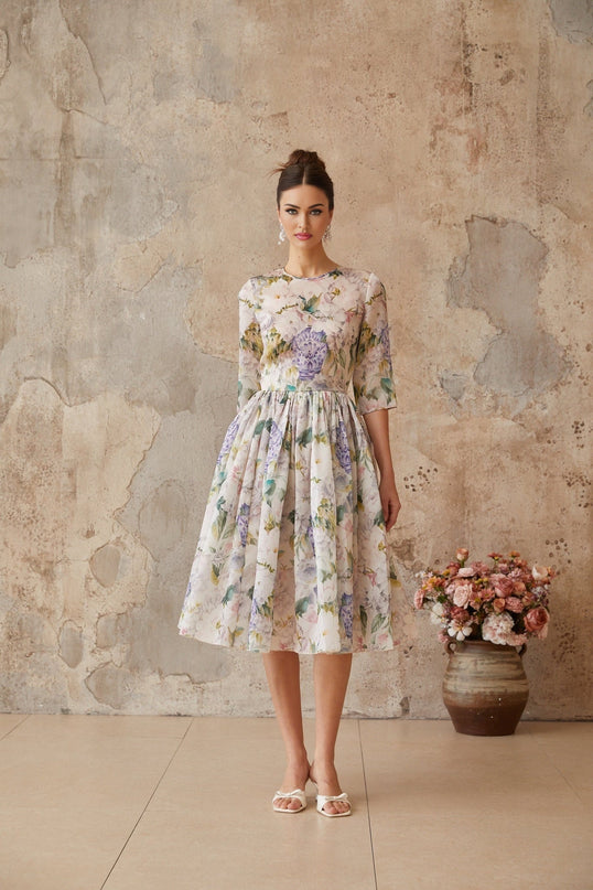 Marta Neutrals Floral Print Midi Dress with Shirred Effect and Flounce Hem