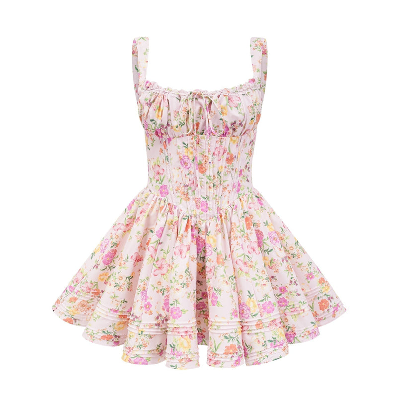 Marta Pink Floral Corset Mini Dress Spaghetti Straps Front Tie Fastening Exquisite Pleats