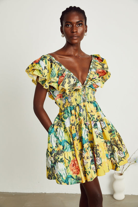 Marta Yellow Floral Crystal Embellished Mini Dress