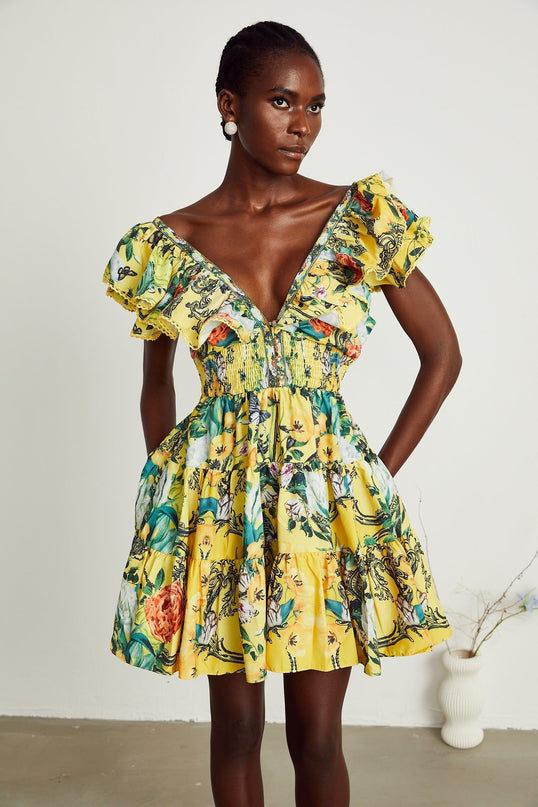 Marta Yellow Floral Crystal Embellished Mini Dress