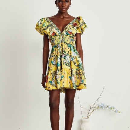 Marta Yellow Floral Crystal Embellished Mini Dress