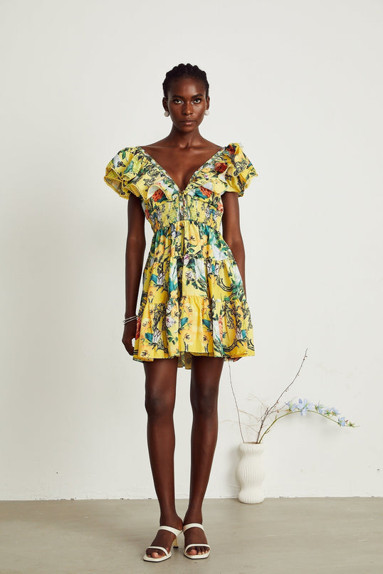 Marta Yellow Floral Crystal Embellished Mini Dress