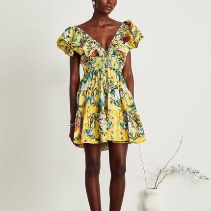 Marta Yellow Floral Crystal Embellished Mini Dress V-Neck Ruffled Trim Pleat Detailing Shirred Panel Elasticated Waist Front Button Fastening Thigh-Length Luxury Finesse 50 Cotton 50 Flax