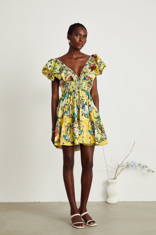 Marta Yellow Floral Crystal Embellished Mini Dress V-Neck Ruffled Trim Pleat Detailing Shirred Panel Elasticated Waist Front Button Fastening Thigh-Length Luxury Finesse 50 Cotton 50 Flax