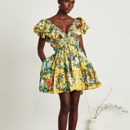 Marta Yellow Floral Crystal Embellished Mini Dress V-Neck Ruffle Trim Pleat Detailing Elasticated Waist Front Button Fastening