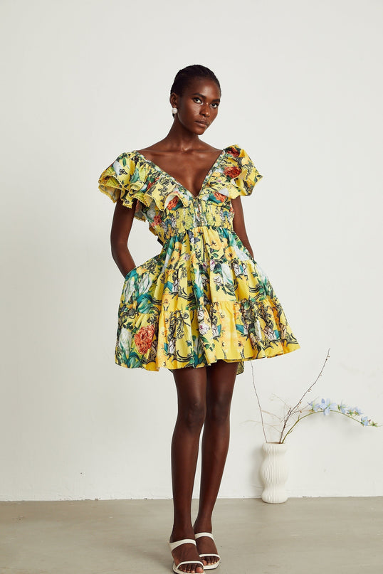 Marta Yellow Floral Crystal Embellished Mini Dress V-Neck Ruffle Trim Pleat Detailing Elasticated Waist Front Button Fastening