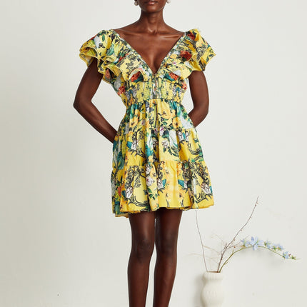 Marta Yellow Floral Crystal Embellished Mini Dress