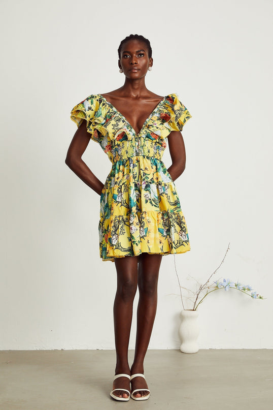 Marta Yellow Floral Crystal Embellished Mini Dress