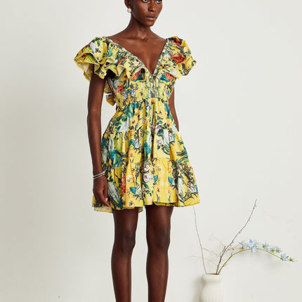 Marta Yellow Floral Crystal Embellished Mini Dress