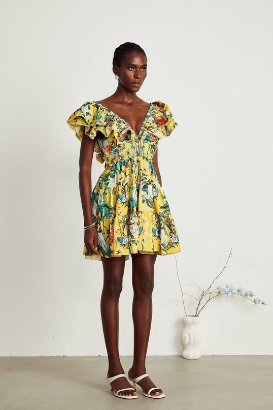 Marta Yellow Floral Crystal Embellished Mini Dress