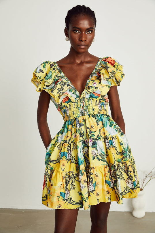Marta Yellow Floral Crystal Embellished Mini Dress
