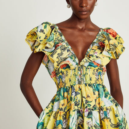 Marta Yellow Floral Mini Dress with Crystal Embellishments