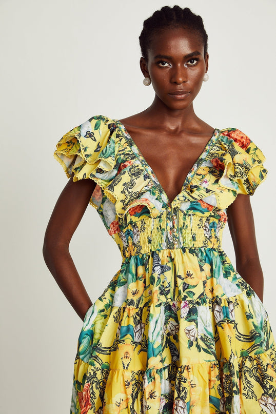 Marta Yellow Floral Mini Dress with Crystal Embellishments