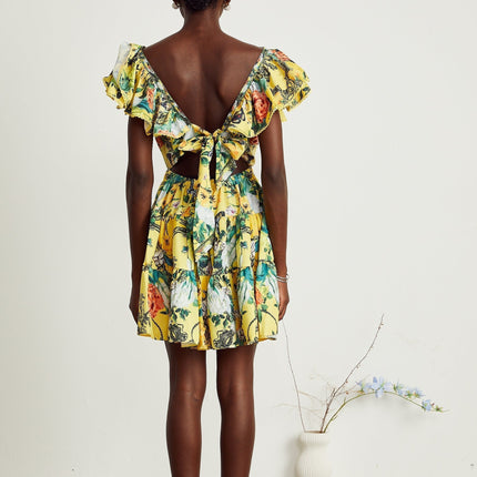 Marta Yellow Floral Mini Dress with Crystal Embellishments
