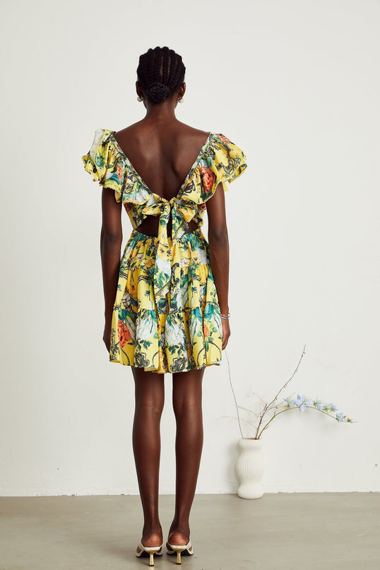 Marta Yellow Floral Mini Dress with Crystal Embellishments