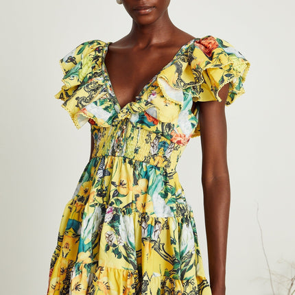 Marta Yellow Floral Mini Dress with Crystal Embellishments