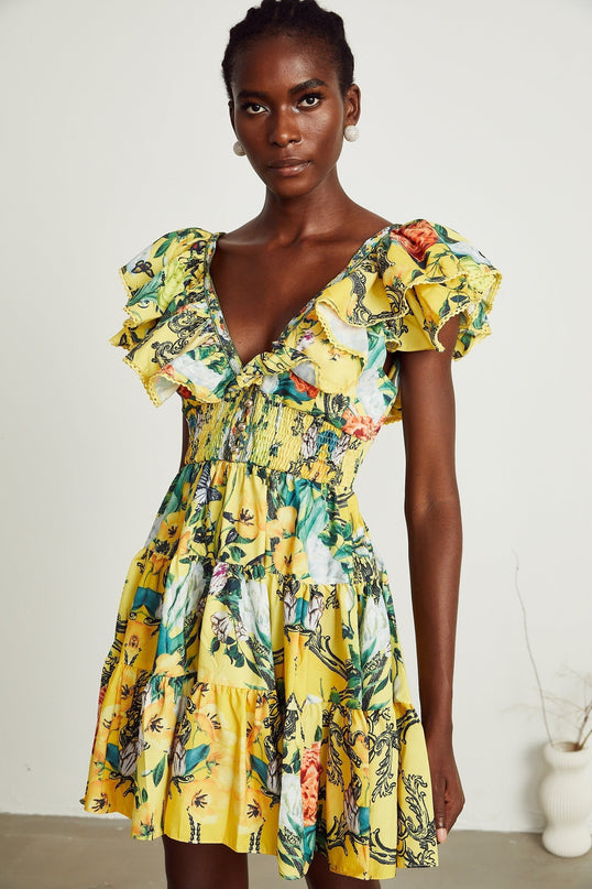 Marta Yellow Floral Mini Dress with Crystal Embellishments