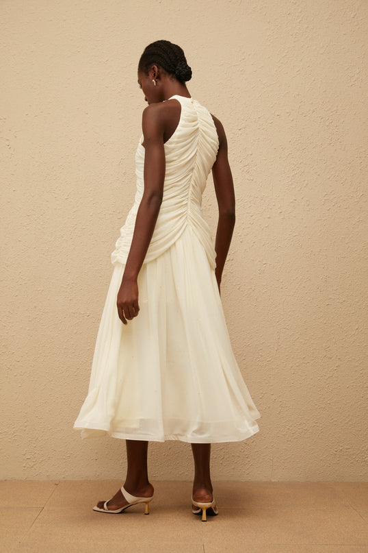 Martha White Faux Pearl Ruched Midi Dress