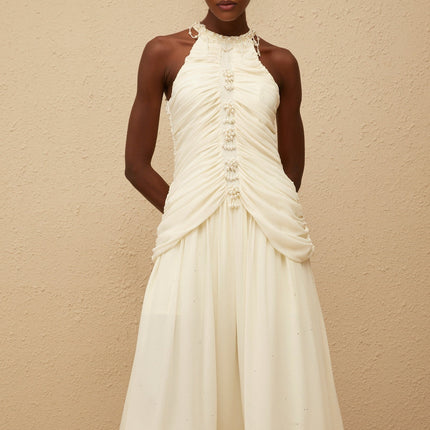 Martha White Faux Pearl Ruched Midi Dress