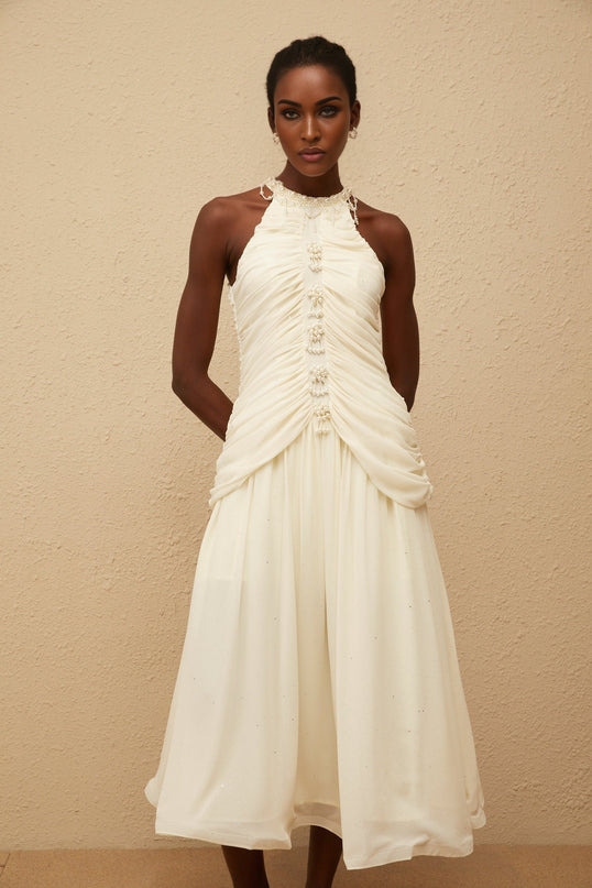 Martha White Faux Pearl Ruched Midi Dress