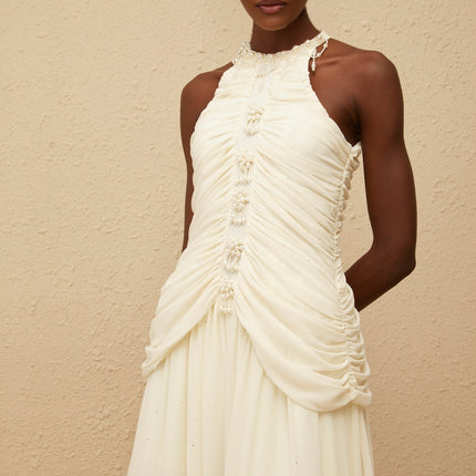 Martha White Faux Pearl Ruched Midi Dress