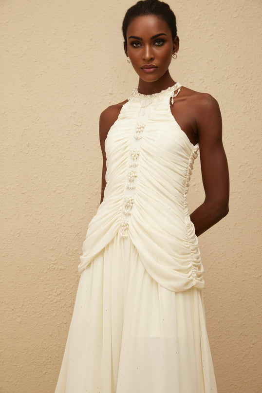 Martha White Faux Pearl Ruched Midi Dress