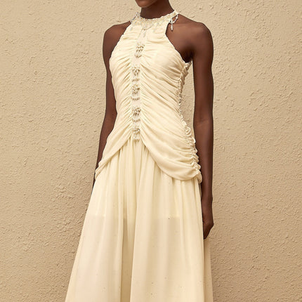 Martha White Faux Pearl Ruched Midi Dress