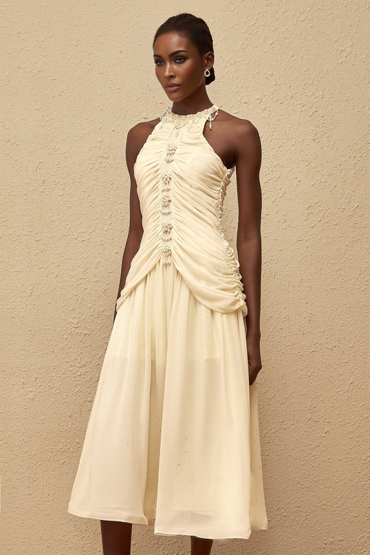 Martha White Faux Pearl Ruched Midi Dress