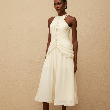 Martha White Faux Pearl Ruched Midi Dress