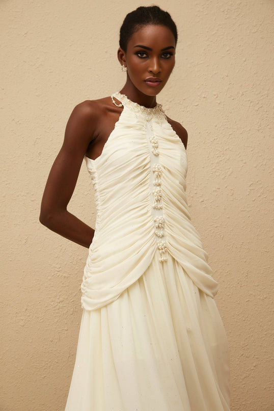 Martha White Faux Pearl Ruched Midi Dress