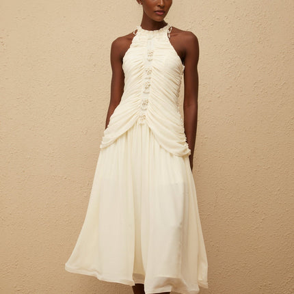 Martha White Faux Pearl Ruched Midi Dress