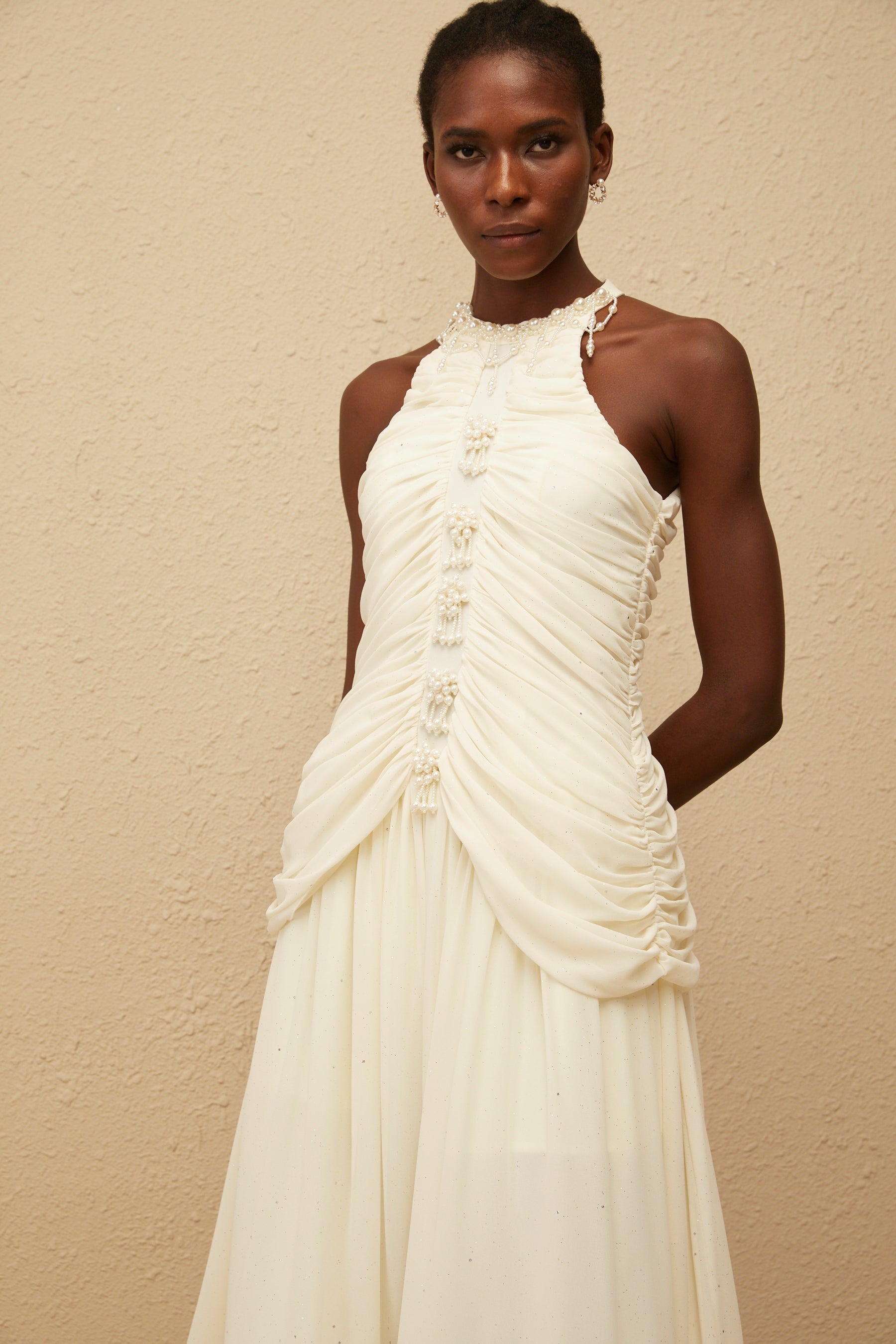 Martha White Faux Pearl Ruched Midi Dress