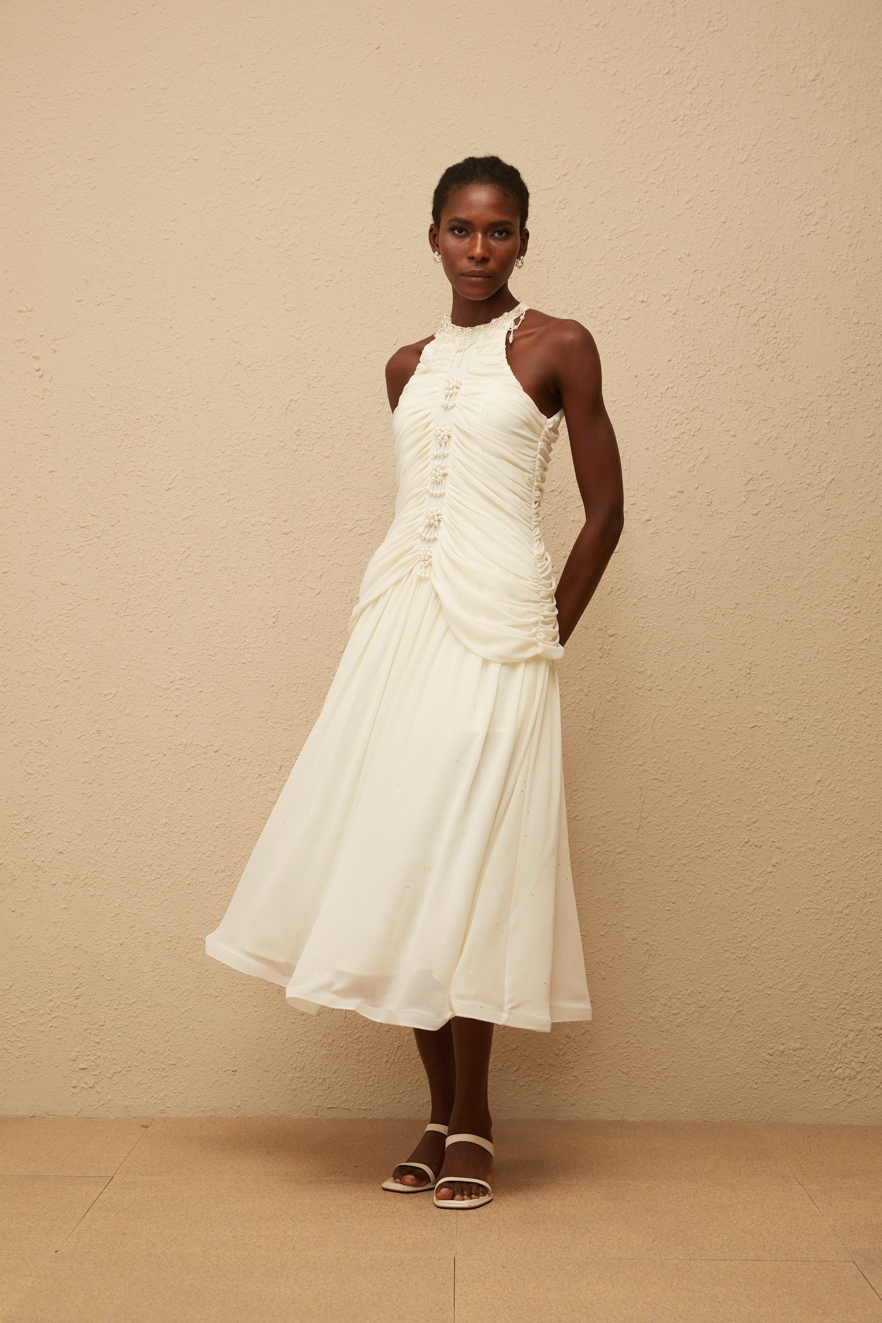 Martha White Faux Pearl Ruched Midi Dress