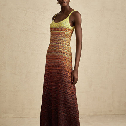Martina Brown Gradient Maxi Dress Knitted Sleeveless Spaghetti Straps Scoop Neck Stretch Jersey Fabric Rich Brown Multicolor Palette 69 Terylene 31 Polyamide Composition
