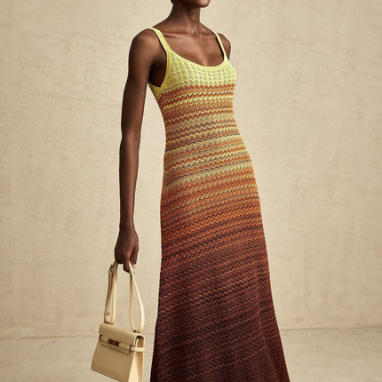 Martina Brown Gradient Maxi Dress Sleeveless Spaghetti Straps Scoop Neck Stretch Jersey Fabric