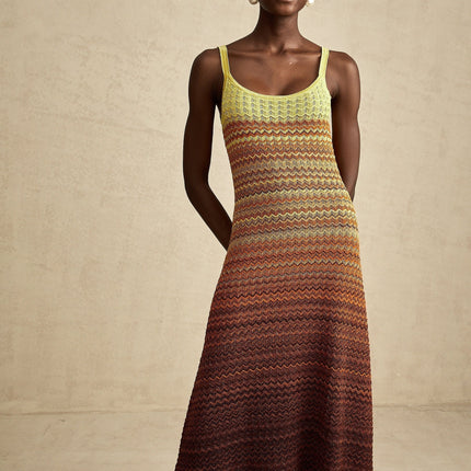 Martina Brown Gradient Maxi Dress Sleeveless Spaghetti Straps Scoop Neck Stretch Jersey Fabric Luxury Fashion